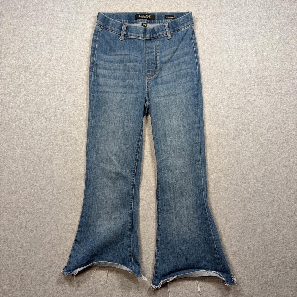Judy Blue Pull On Super Flare Jeans Womens 1/25 Medium Wash Raw Hem Stretch